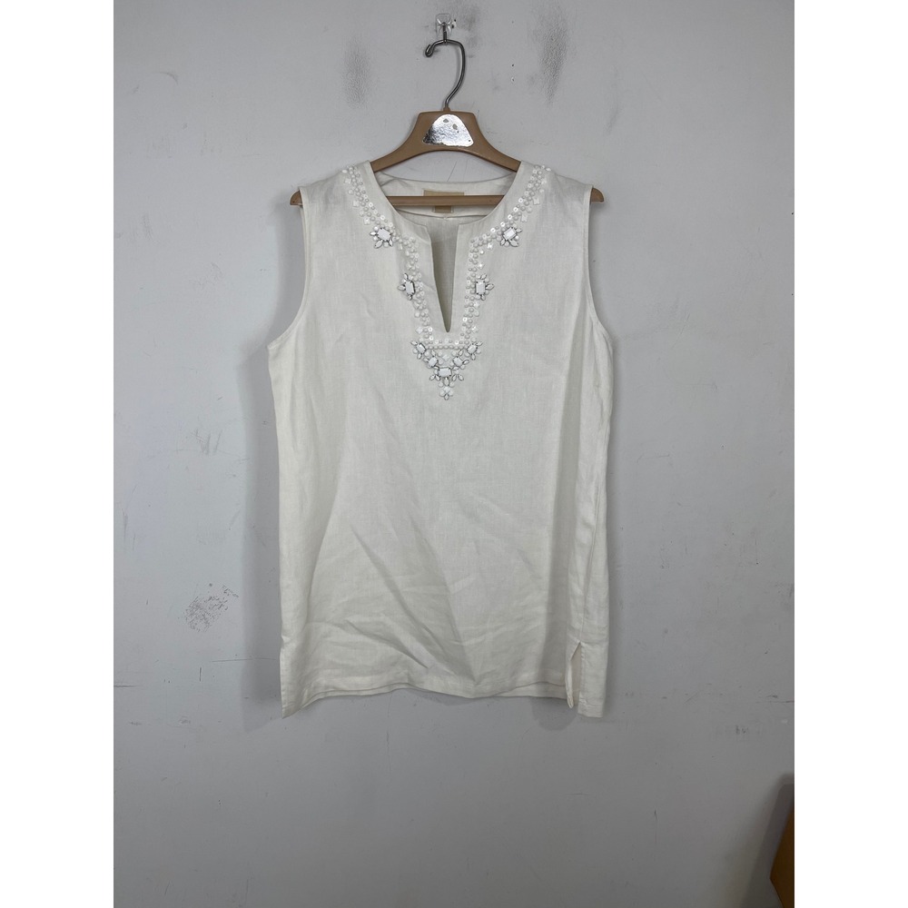 Michael Michael Kors White Linen Beaded Jewel Split Neck Sleeveless Tunic Top 14